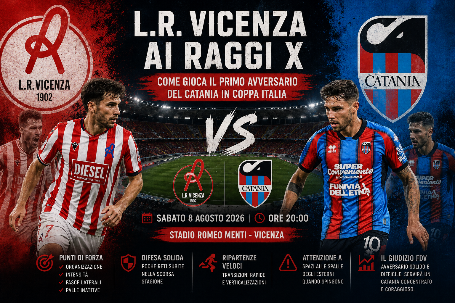 Giocatori del L.R. Vicenza durante una partita prima della sfida contro il Catania in Coppa Italia.